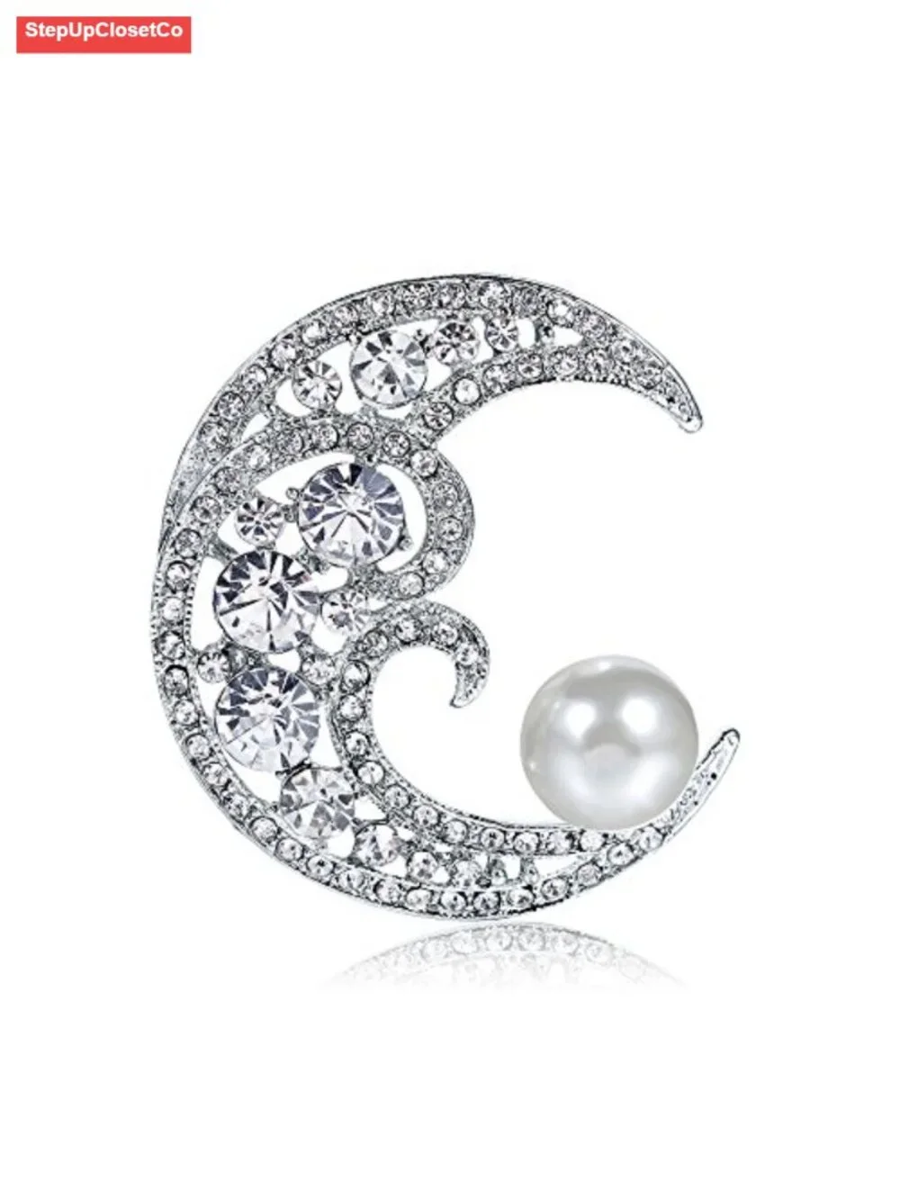 Crystal Crescent Moon Brooch Pin, Freshwater Pearl Style, Gift for Mom Wife,